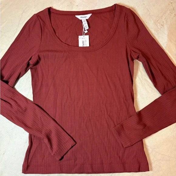 SPANX Ribbed Crew Neck Top in Rustic Red - Picture 1 of 8